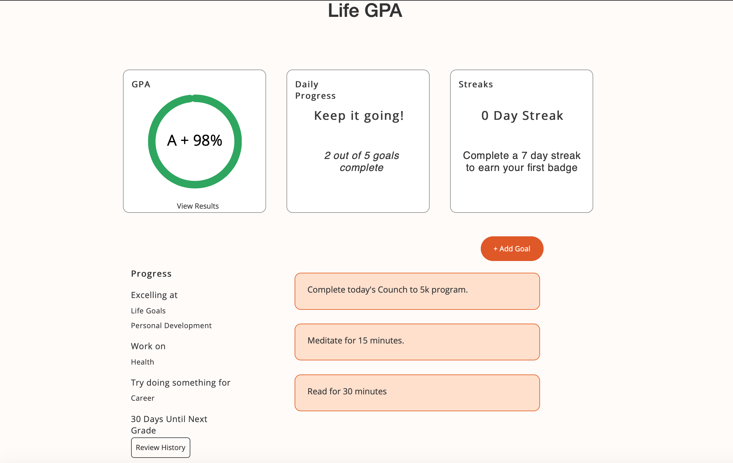 A screenshot of the Life GPA dashboard